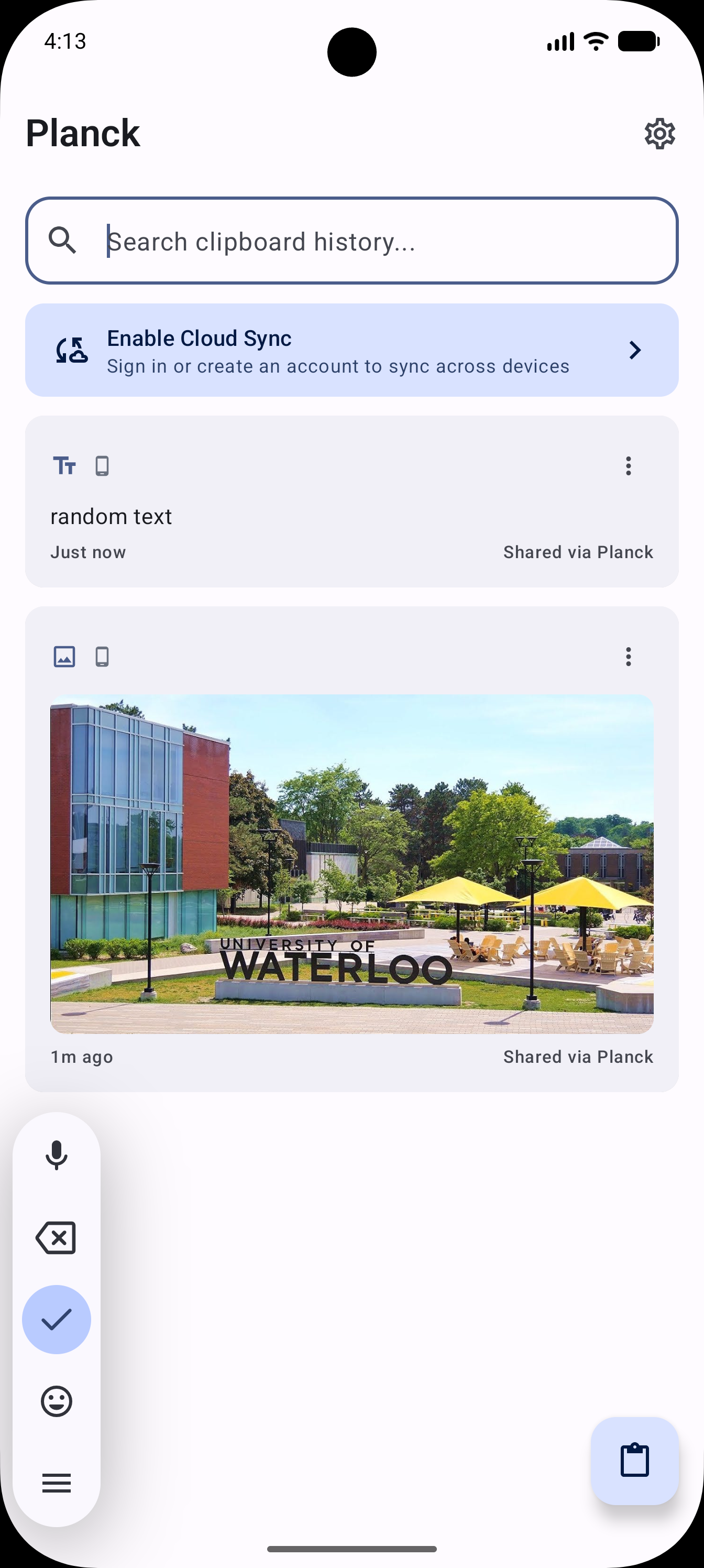 Home screen with mixed clipboard history